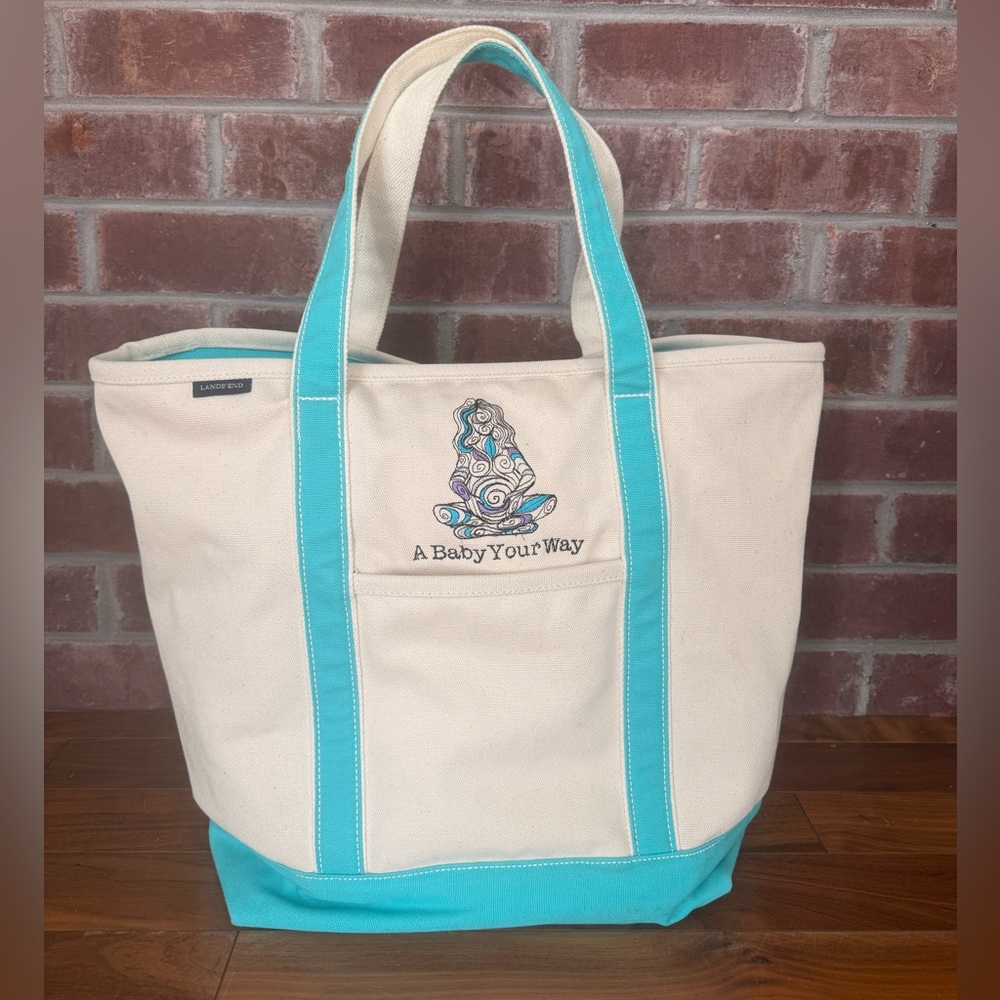Lands End Canvas Boat Tote Utility Beach Bag Large Teal Trim Zip Closure Pockets